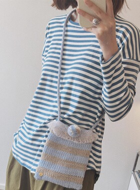 btbstudio 丹麦设计牛仔蓝条纹有机棉长袖圆领打底衫Tee 软糯超弹