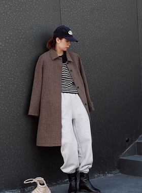 btbstudio 色织复古千鸟格苏格兰羊毛拼小牛皮法式简约大衣外套