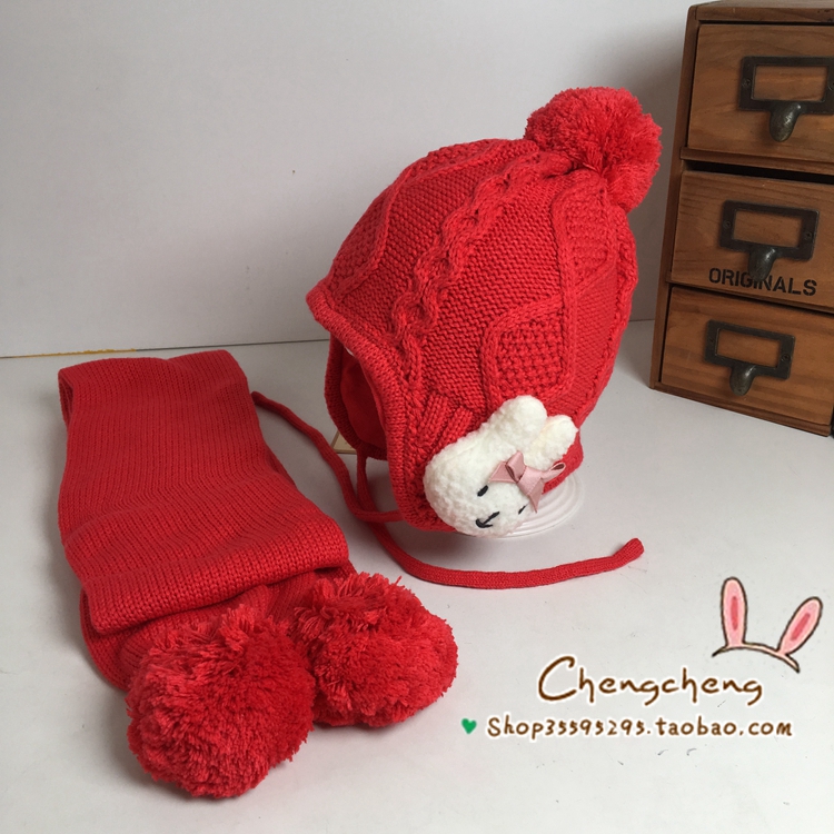 特价包邮爱的热浪冬季男女宝宝儿童小白兔护耳毛线帽子围巾套装