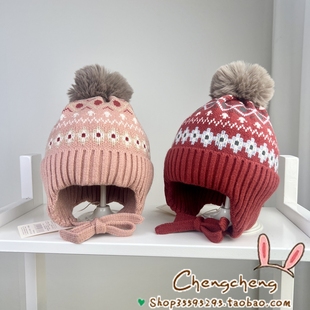 木然良品冬季新款男女宝宝婴儿童提花翻边护耳洋气百搭毛线帽子