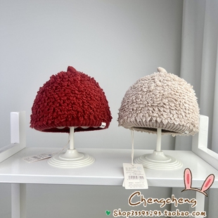 木然良品冬季新男女宝宝婴儿童简洁纯色可爱柔软毛线圈圈小圆帽子
