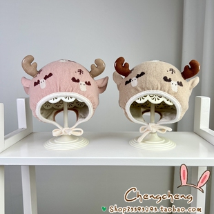 星童坊冬季新款男女宝宝婴儿童柔软双层护耳可爱洋气麋鹿毛线帽子