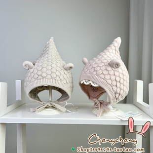 贺儿冬季新款男女宝宝婴儿童可爱纯色精灵麟纹羊角尖尖毛线帽子