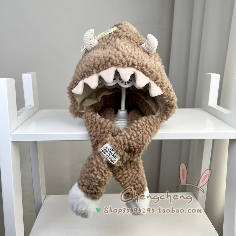 包邮贝恩杰冬季新男女宝宝贝婴儿童酷龙毛绒护耳保暖围巾一体帽子