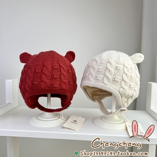 木然良品冬季新款男女宝宝婴儿童双层纯色文艺拧花护耳毛线帽子