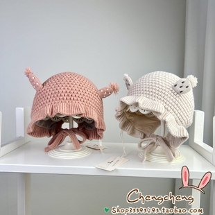 木然良品冬季新男女宝宝婴儿童可爱木耳花边松鼠公主毛线护耳帽子