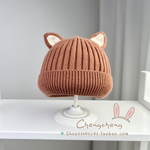 包邮木然良品冬季新男女宝宝婴儿童猫耳翻边双层可爱洋气毛线帽子