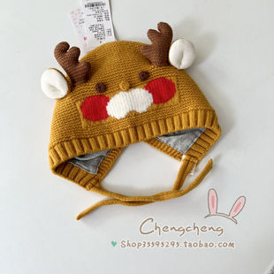 包邮星童坊冬季新款男女宝宝婴儿童简约驯鹿双层护耳可爱毛线帽子