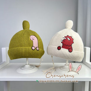 包邮木然良品冬季新男女宝宝婴儿童翼龙翻边简洁双层可爱毛线帽子