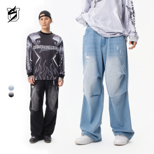 US联邦街牌磨烂伞兵牛仔裤 复古嘻哈刺绣洗水做旧宽松街舞破洞长裤