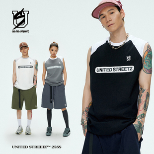 US联邦街牌美式 街头潮牌宽松运动拼接速干背心 运动背心