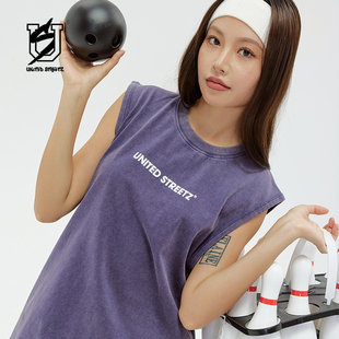 t恤短袖 US联邦街牌 简约街头坎肩背心男宽松水洗做旧运动休闲无袖