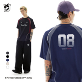 US联邦街牌美式 速干短袖 字母印花街舞嘻哈抗皱织带拼接足球t恤男