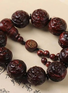 印尼小叶紫檀雕刻财神弥勒佛手串25mm紫檀木转运招财单圈佛珠文玩