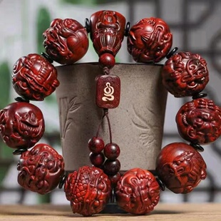 小叶紫檀龙生九子手串25mm檀木雕刻貔貅瑞兽佛珠念珠男女转运手链