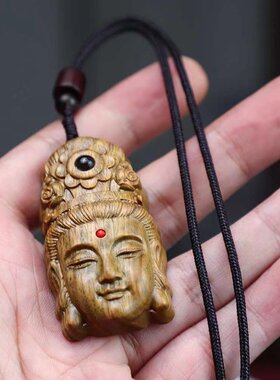 绿檀木雕南海观音菩萨头像毛衣链佛牌挂件吊坠项链护身符保平安
