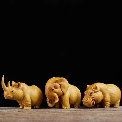太行崖柏木雕刻手把件玩手工家居动物小摆件犀牛大象河马非洲三宝