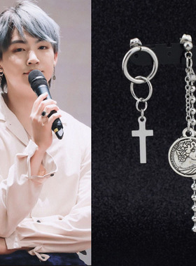 GOT7林在范同款不对称耳环男潮流嘻哈十字架复古耳钉无耳洞耳夹女