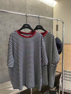 新款日单专柜正品条纹短袖t恤女夏季圆领半袖设计感绝美宽松显瘦