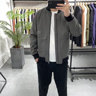 外套韩版 春季 新款 条纹棒球领皮衣男士 潮流高级感休闲皮夹克上衣