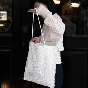 时髦白色亮片纱时尚百搭女生单肩包帆布包大容量小众包包设计感