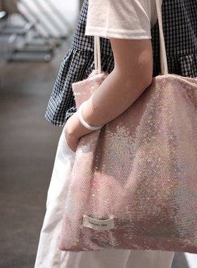 小众粉色亮片单肩包大容量包包托特包通勤布袋春夏帆布包