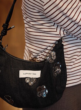 小众气质时髦珠片银花朵牛仔百搭女生通勤单肩拉链月牙斜挎包