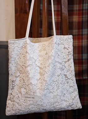 法式花朵白蕾丝纱百搭女生单肩包帆布包大容量小众包包托特包秋冬