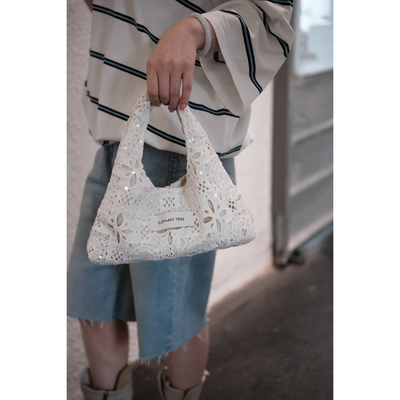 法式浪漫白亮片蕾丝手拎小hobo水桶包遛弯包小众包包（无肩带）