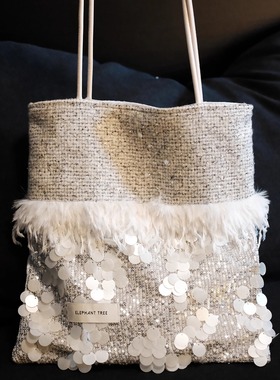 通勤巨好看亮片香风单肩包大容量帆布包包托特包白色高级包包女款