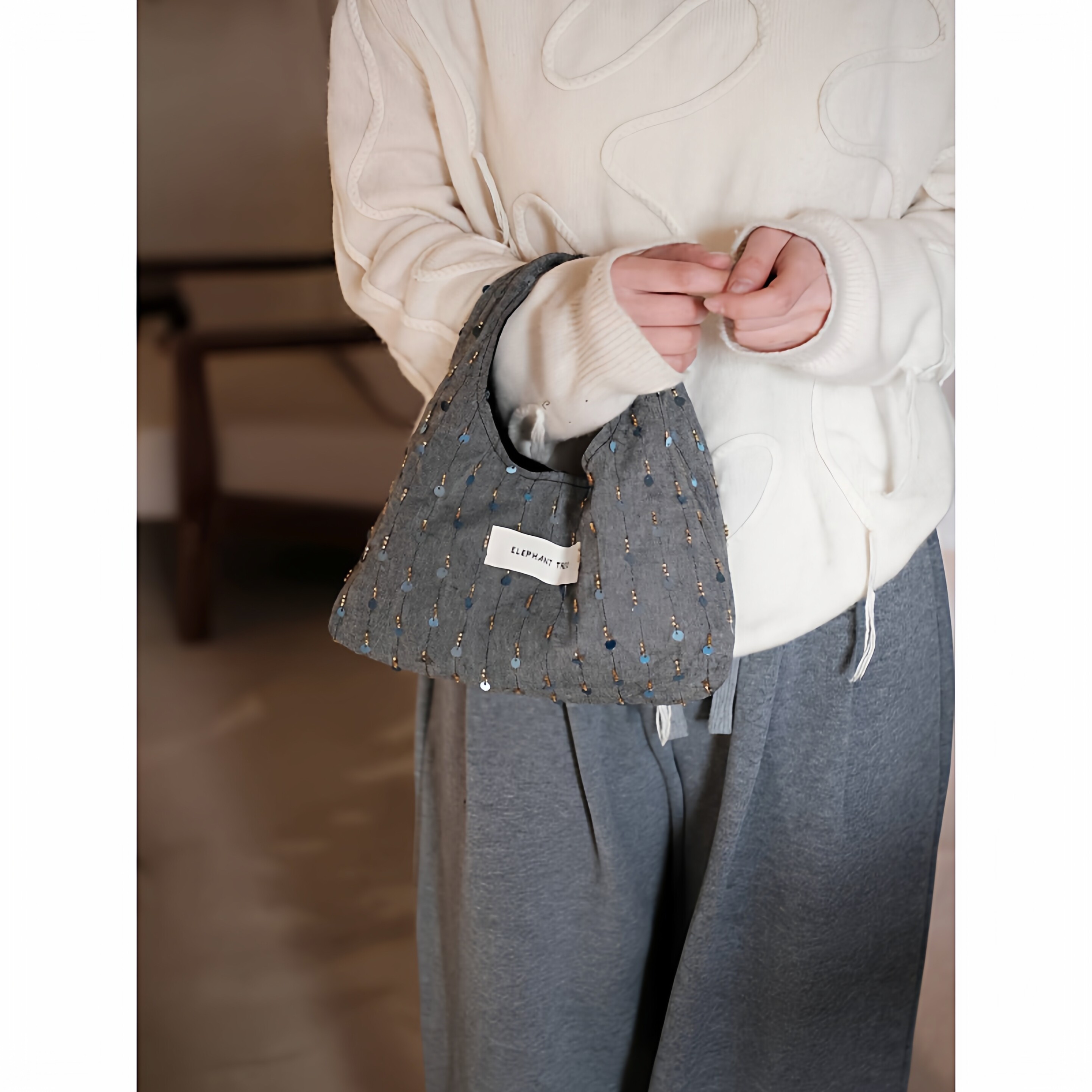 复古孔雀蓝亮片小hobo水桶帆布遛弯包小众手拎包包可爱闺蜜女礼物