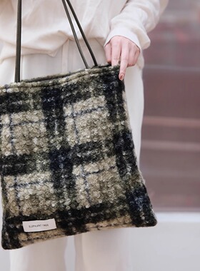 格纹新款女包单肩包帆布包大容量小众包包通勤高级感布袋大容量