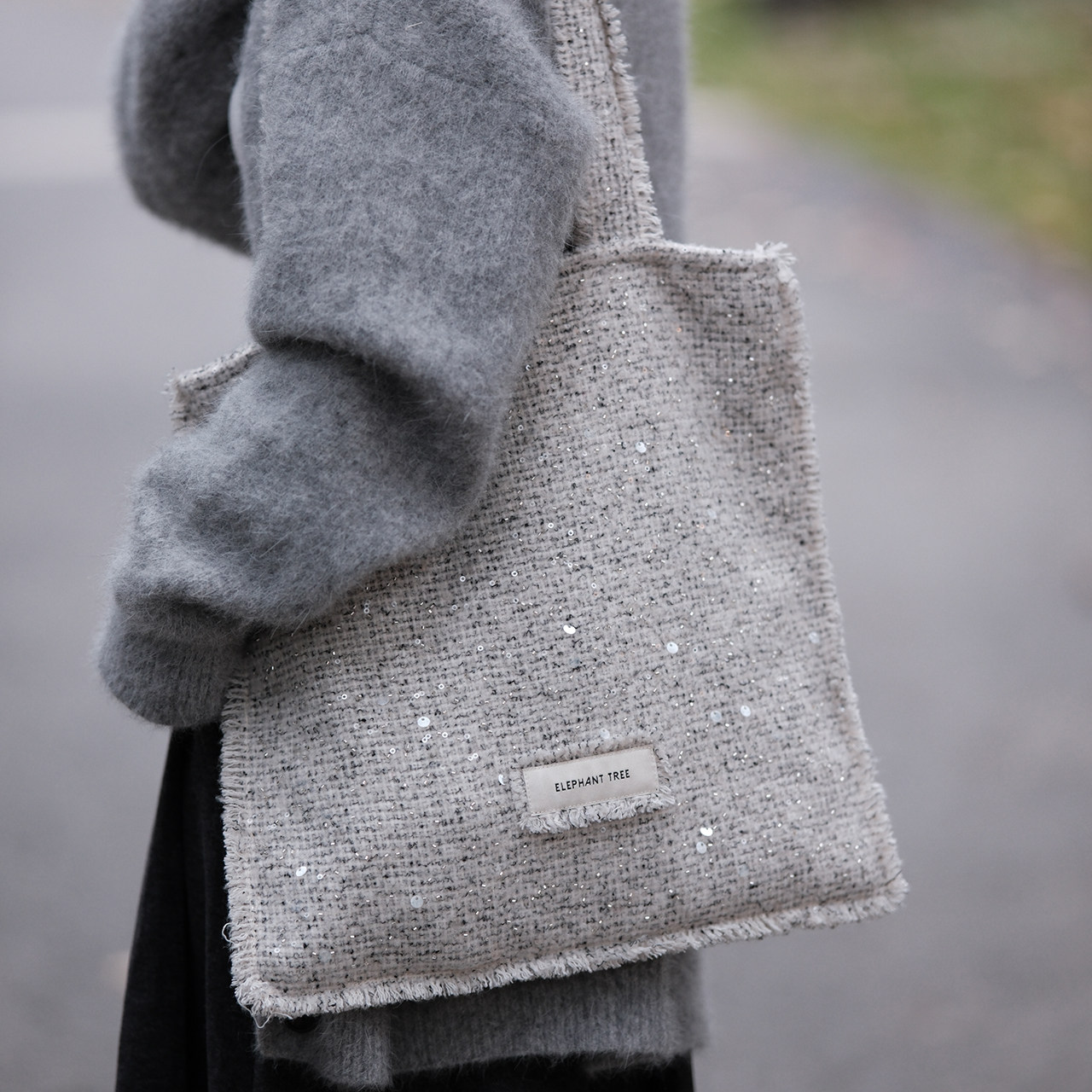 气质白色珠片粗花呢拼色时尚百搭女生单肩帆布大容量小众包包礼物