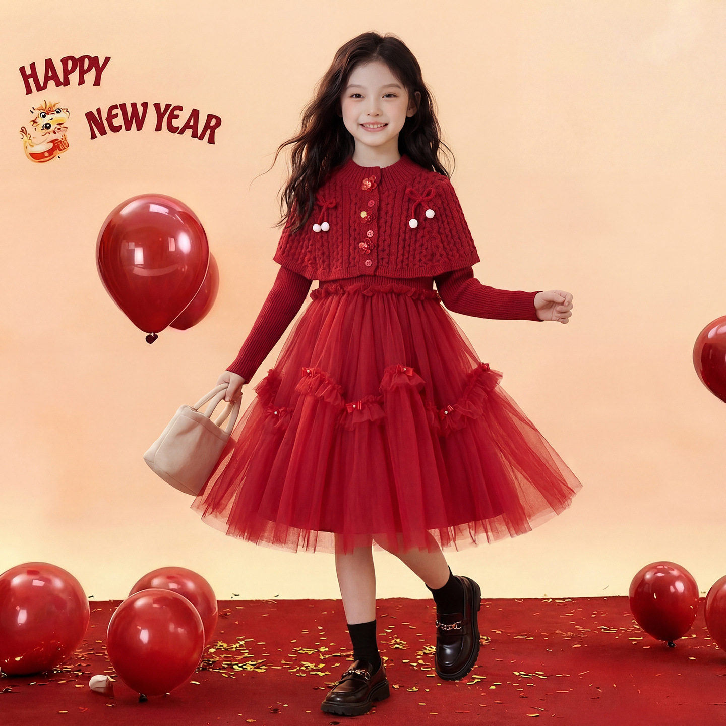 女童时髦洋气针织披肩红色新年裙冬季儿童甜美网纱公主蛋糕连衣裙