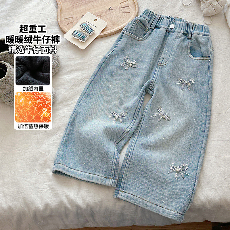 冬季女童一体绒蝴蝶结直筒牛仔裤