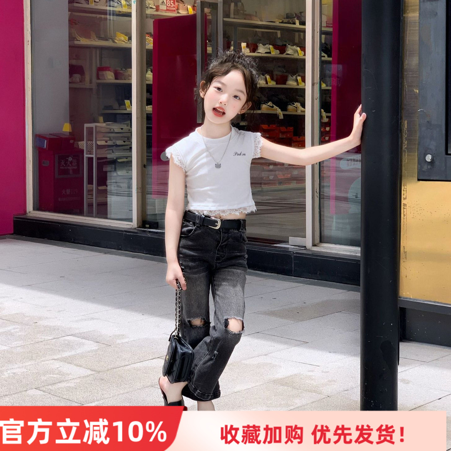 女童夏季蕾丝T恤+牛仔喇叭裤图片