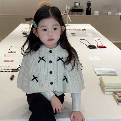韩国童装女童甜美蝴蝶结斗篷外套