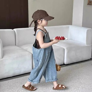 韩国版夏季男女童洋气复古做旧牛仔背带裤儿童宽松休闲时髦连体裤