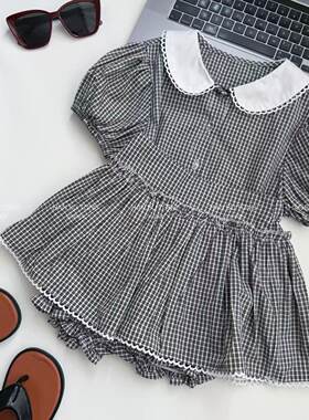 女童夏季轻薄透气翻领格子套装