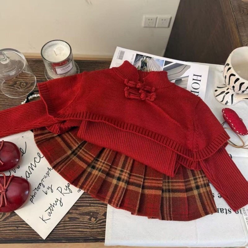 红色喜庆新年服装女童洋气针织披肩毛衣女宝宝格子半身裙两件套潮