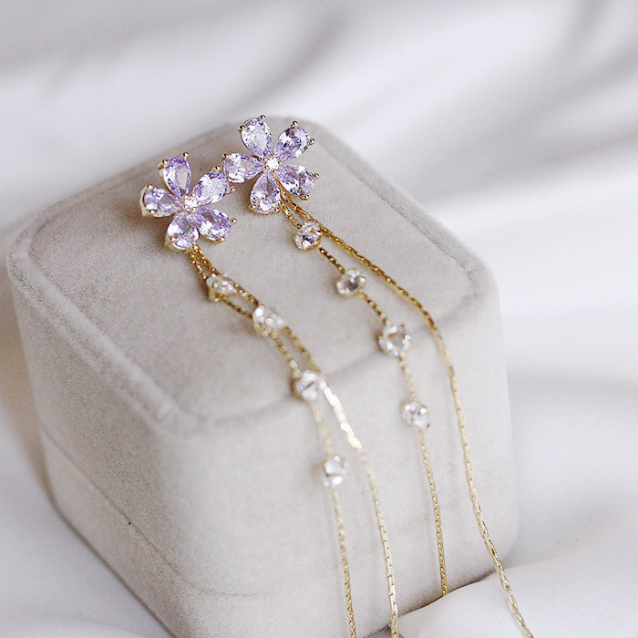 银针耳环女气质名媛优雅淡紫色花朵长款流苏甜美耳饰少女心耳坠