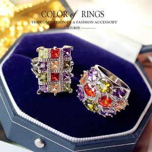 欧美白金色七彩锆石戒指日韩国方形彩钻多色水晶百搭介子度假舞会