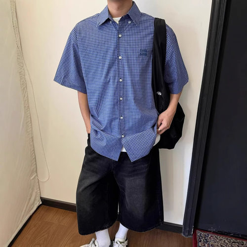 American retro blue checkered short sleeved shirt men summer