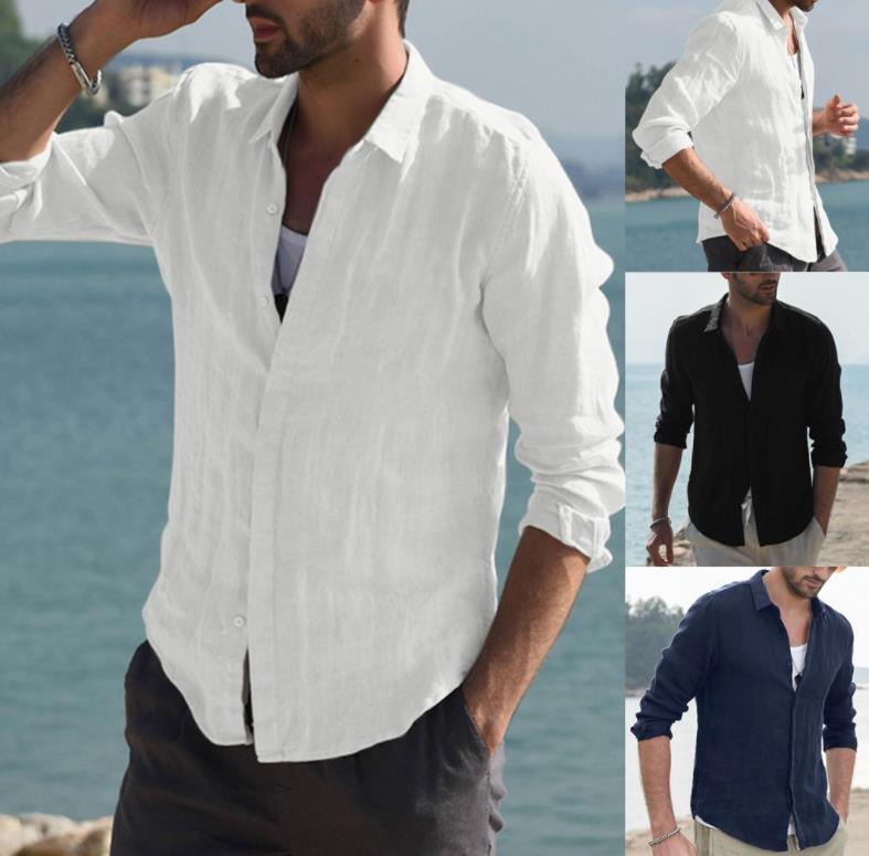 2025新款男士长袖棉麻衬衫欧美纯色大码休闲开衫衬衣潮Men Shirts