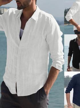 2025新款男士长袖棉麻衬衫欧美纯色大码休闲开衫衬衣潮Men Shirts