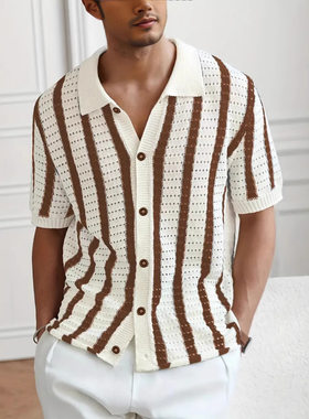 欧美夏季镂空竖条纹毛衣针织衫短袖t恤男polo衫men's polo shirt