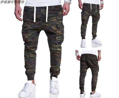 大码迷彩印花系绳腰带休闲小脚裤