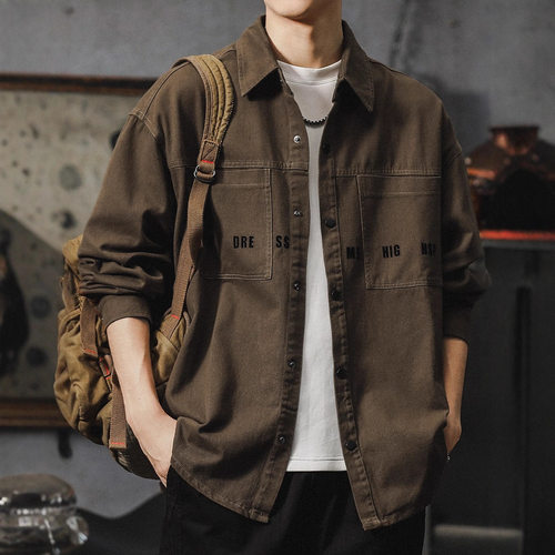 美式复古长袖衬衫男士宽松春秋上衣大码休闲外套jacket men coat