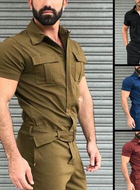 jumpsuits men overalls 跨境连体套装男 束腰带制服工装连体裤
