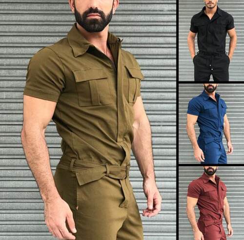 jumpsuits men overalls 跨境连体套装男 束腰带制服工装连体裤